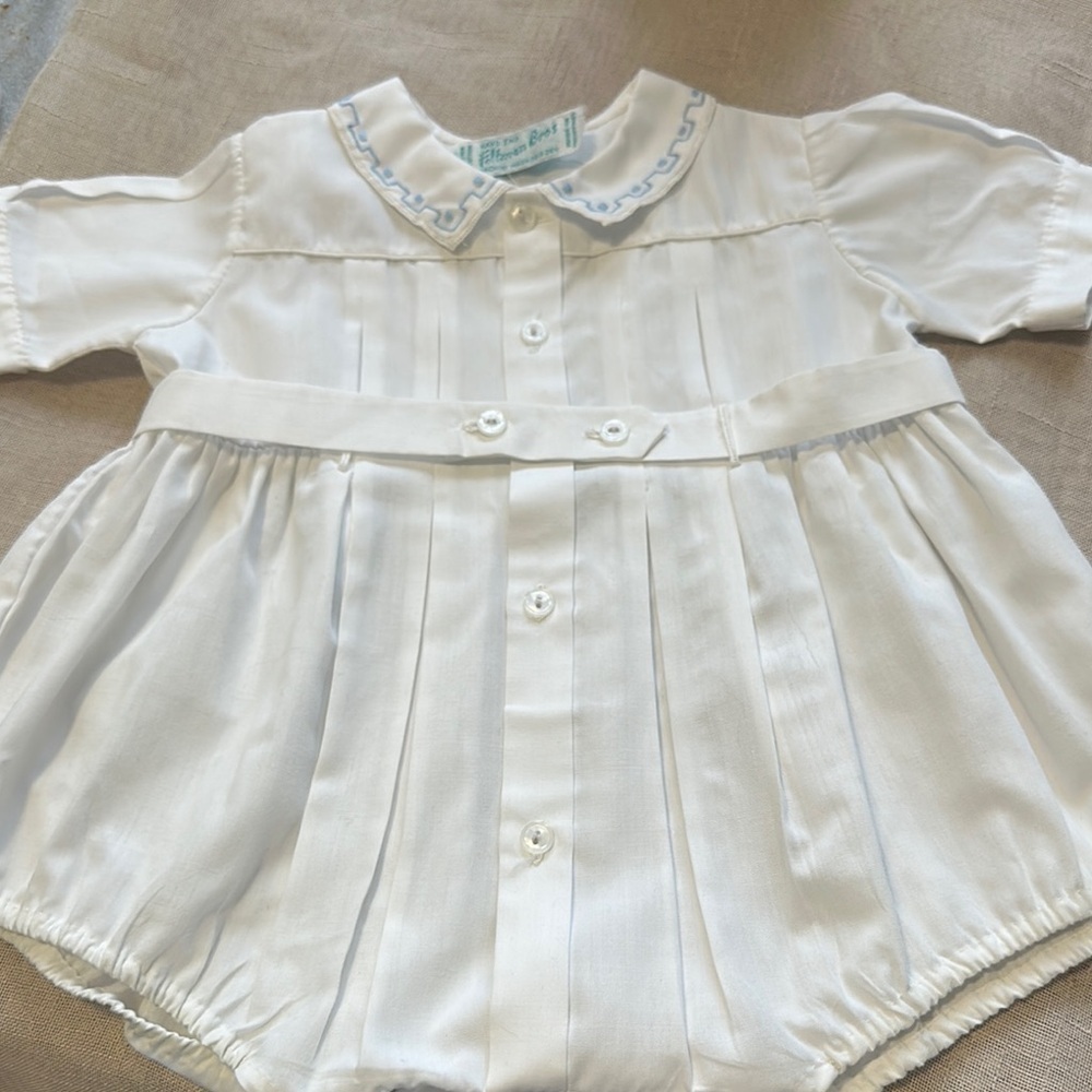 Feltman Bros White Baby Romper with Blue Trim